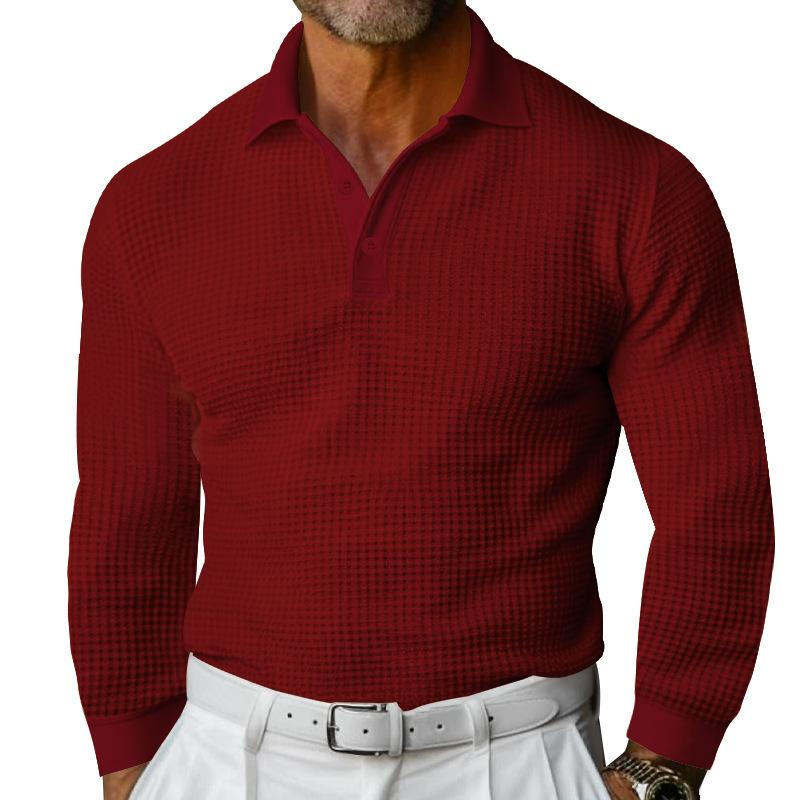 New Men's T-shirt Waffle Collar Button Slim Long Sleeve Polo Shirt