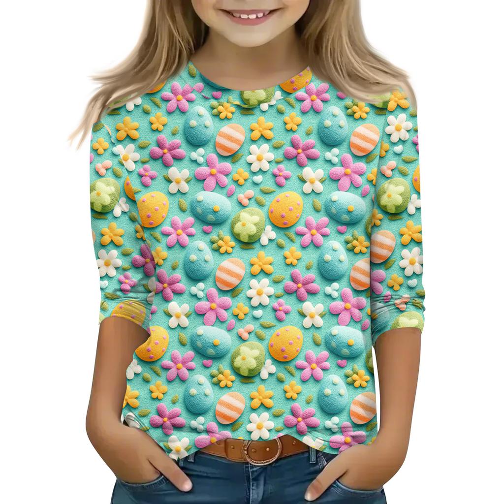 Print Tops For Youth Girls Round Neck 3/4 Sleeves T-Shirts Trendy Tops Outfit Tees
