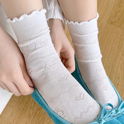 Damen Frühling und Sommer Dünne Einfarbig Blasenohr Kante Hohl Atmungsaktive Spitze In Der Tube Frottee Baumwollsocken