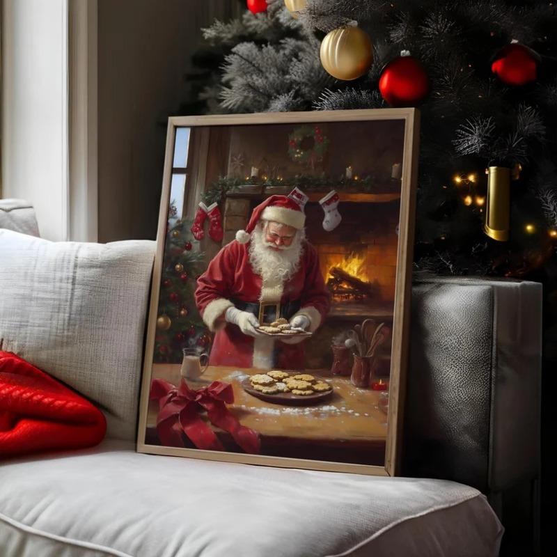 Santa Claus Baking Christmas Print, Santa Claus Christmas Poster, Vintage Holiday Wall Art, Retro Christmas Poster Frameless 21X30CMNo Framed