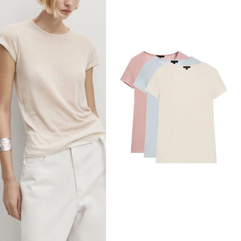 MD Spring New Temperament Wild Slim Fit Comfortable Plaid Cotton Rib round-Neck Short Sleeve T-shirt 6204511