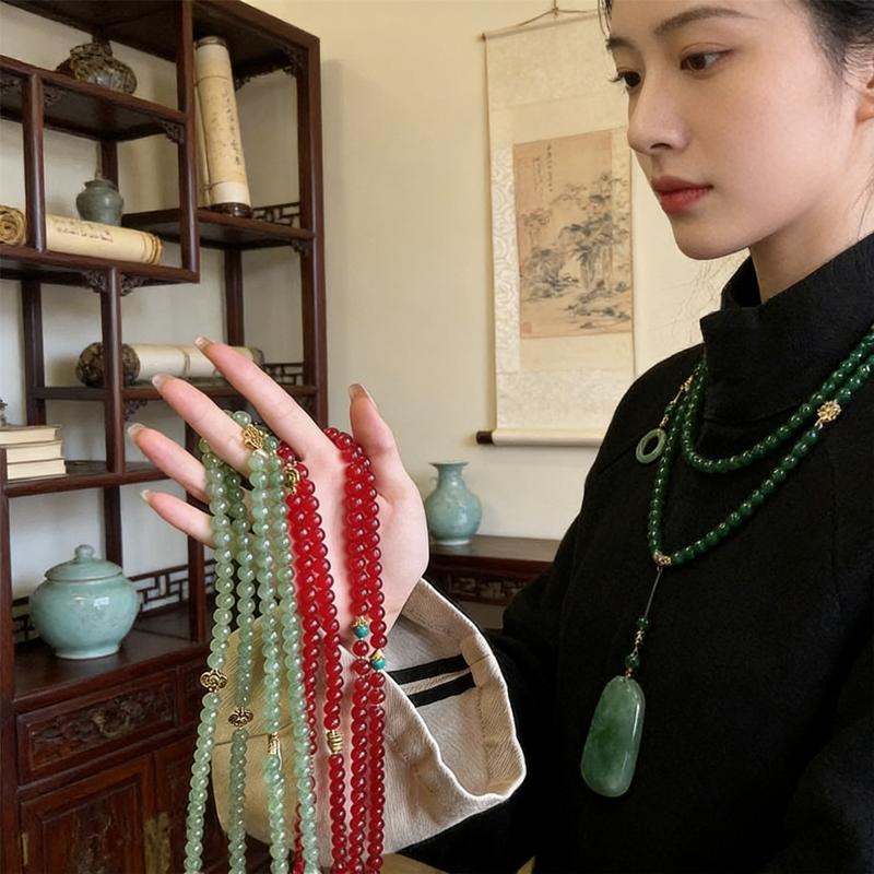 Bohemian Crystal Choker Necklace Green Stone Prayer Beads with Long Tassel A Unique Gift for Meditation Yoga or Festival Fashion