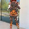 Women Plus Size Round Neck Long Sleeve Bee Pumpkin Printed Top And Fitted Pants Two Piece Set