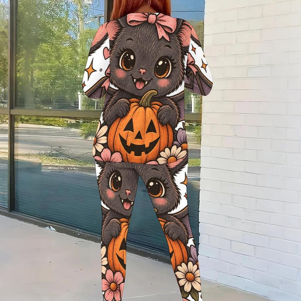 Women Plus Size Round Neck Long Sleeve Bee Pumpkin Printed Top And Fitted Pants Two Piece Set