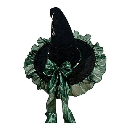 Xiaobudian Halloween Witch Hat for Women, Velvet Wizard with Ruffle Brim And Bow Party, Masquerade, Cosplay Costume Accessory