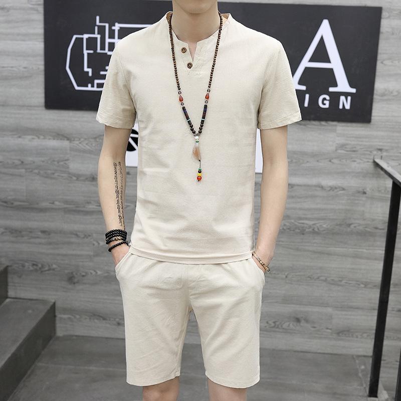 Men's Retro Chinese-Style Short Sleeve Cotton Linen Two-Piece Summer Hanfu Suit