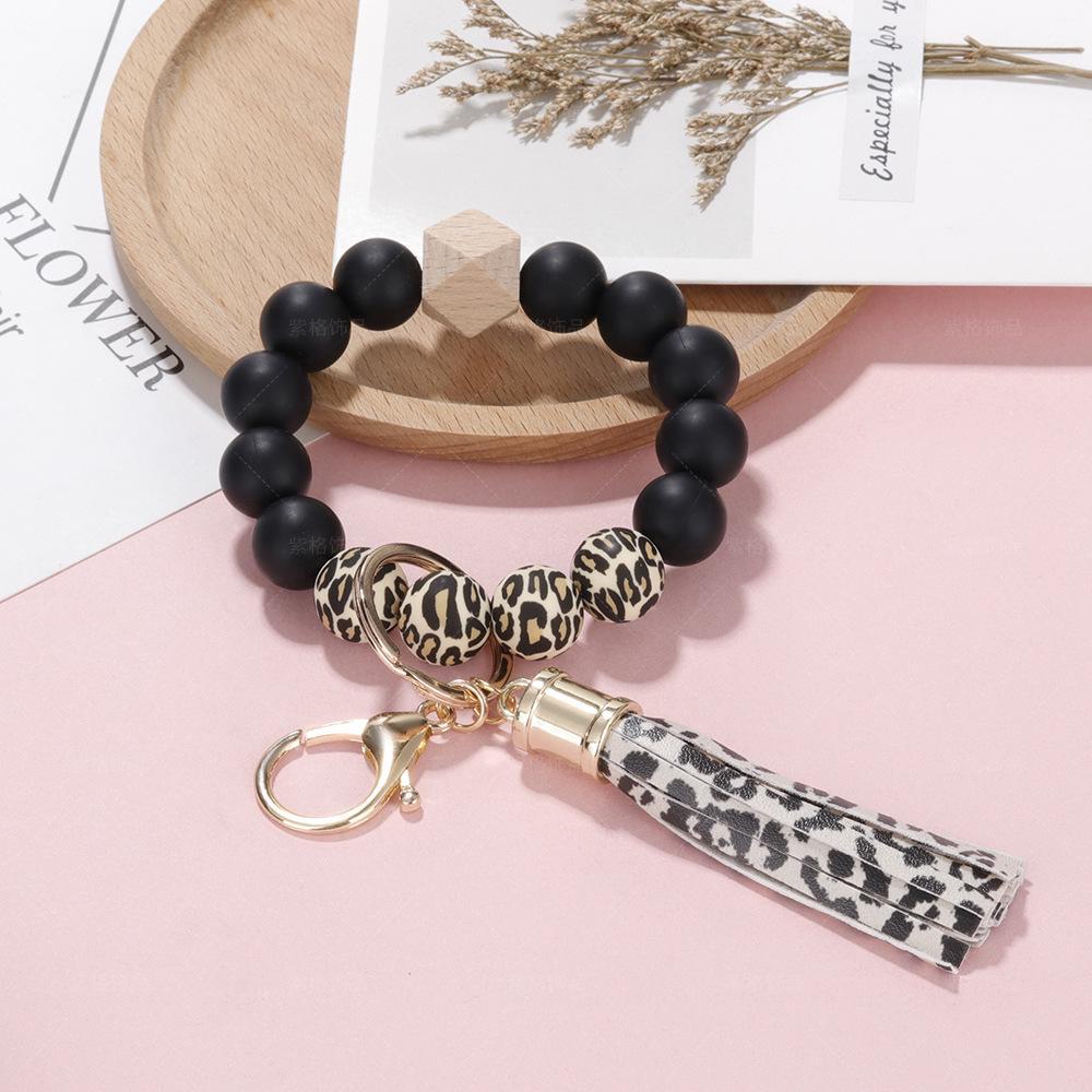 Elegant Silicone Bead Keychain Bracelet with Leather Tassel - Women's European and American Style