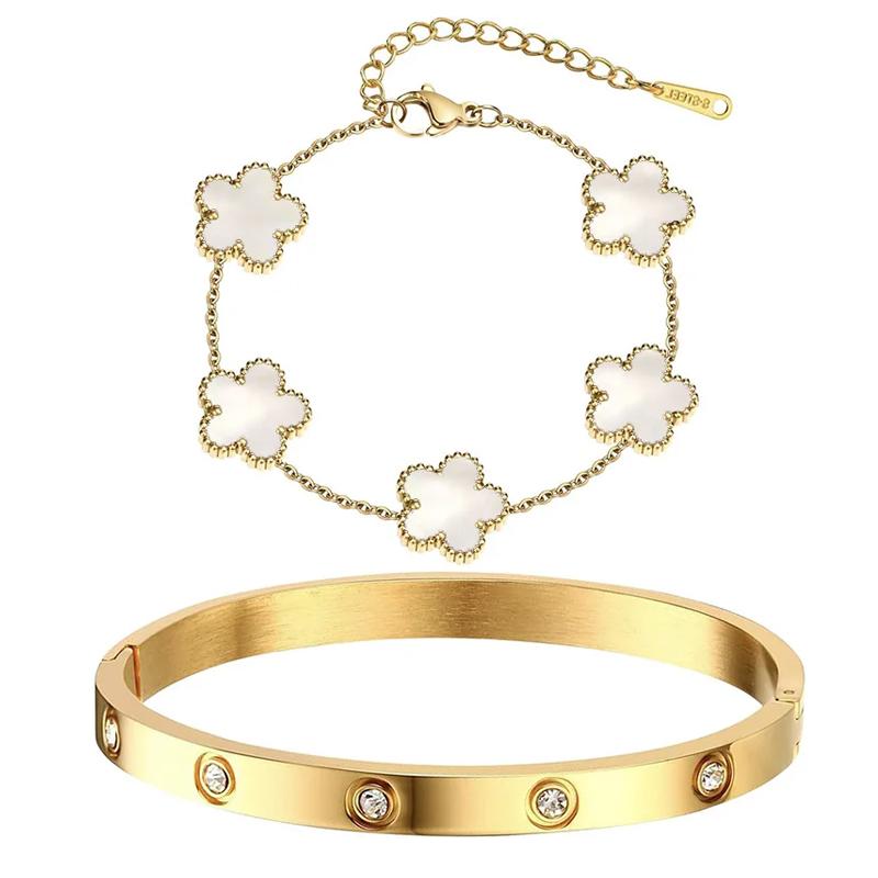 ZAKOL 2 Pcs Women's Stackable Gold Bracelets Bangle Zircon Set 14K Gold Plated Floral Non Tarnish Cubic Zirconia Bangle Gift