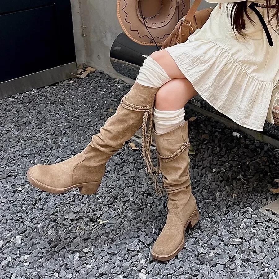Tassel Knight Boots for Women 2026 Autumn New Collection Coarse Heel Over Knee Long Tube Boots Stacked Boots