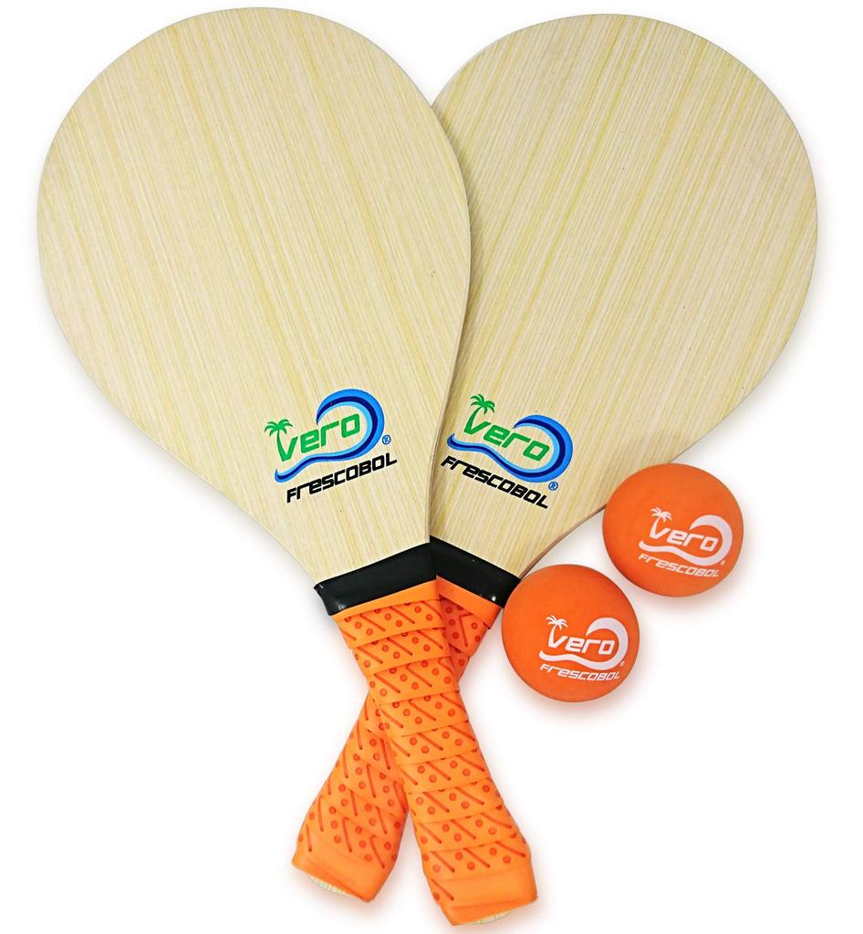 Frescobol Set: 2 Bello Wood Paddles, 2 Premium Orange Padded Grips, 2 Official Orange Balls, and a Beach Tote Bag