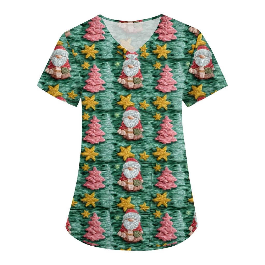 Women's Fashion V-Neck Short Sleeve Overalls With Pockets Christmas Printed Tops  Clothes