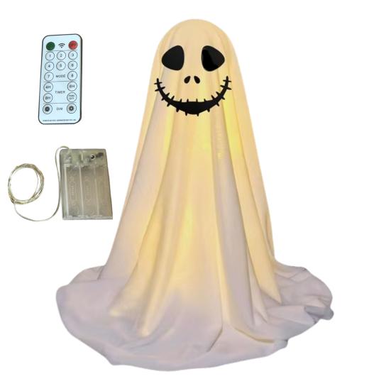 LED svítící figurka ducha Halloween Vnitřní dekorace ducha z bílé látky s dálkovým ovládáním pro domov, kuchyň, krbovou římsu, stůl, stolní desku, party dekorace