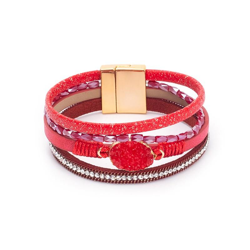 Crystal Rhinestone Vintage Ethnic Beaded Magnetic Clasp Leather PU Bracelet Women Men