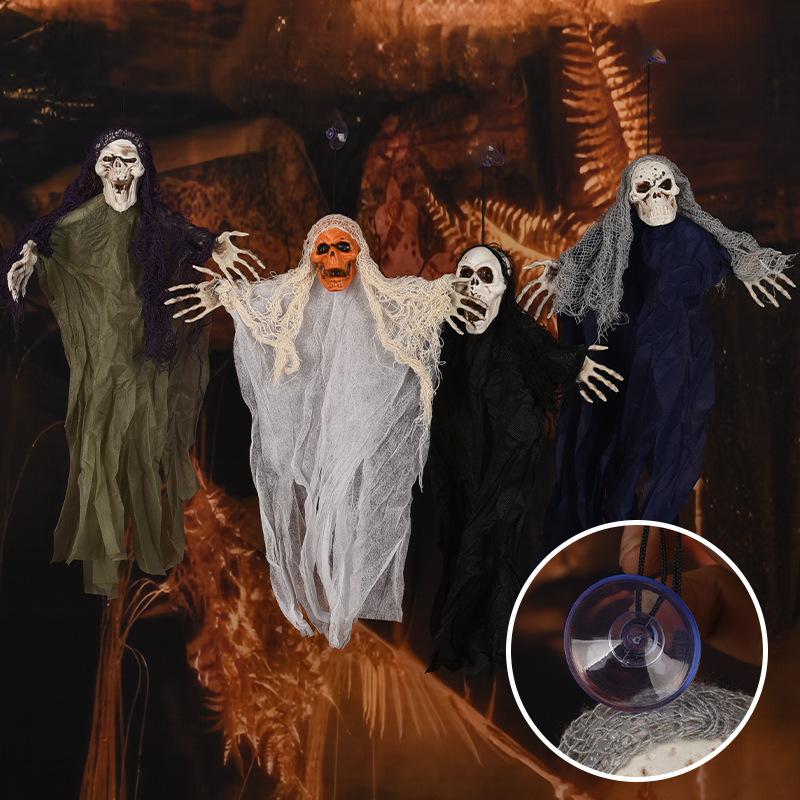 Halloween Horror Hanging Ghost Pendant Four-Color Belt Suction Cup Hanging Skull Gauze Ghost Day Party Atmosphere Layout
