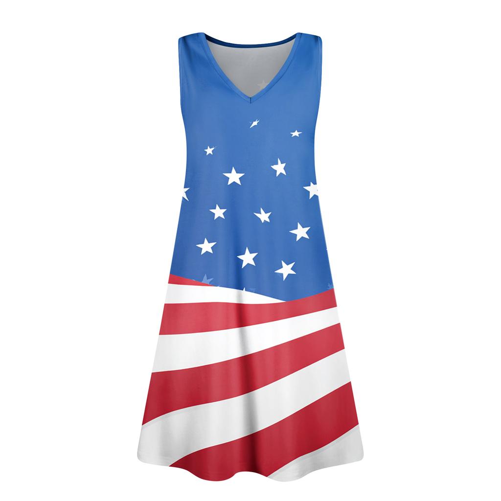 Women's Summer Casual Sun Skirt With Pocket V-Neck Independence Day Printed Loose Vest Dress