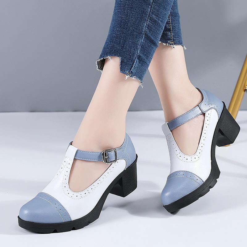 New Women Genuine Leather Buckle Strap Mary Janes Platform Shoes Woman Pumps High Heels Dress Shoes Retro Ladies Wedding Shoes