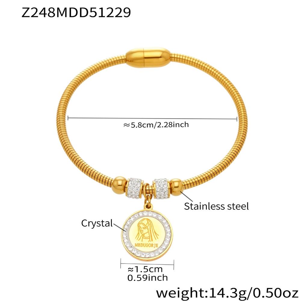 18K Gold-Plated Stainless Steel Round Pendant Bracelet with Zircon Inlay for Women - Popular European & American Style