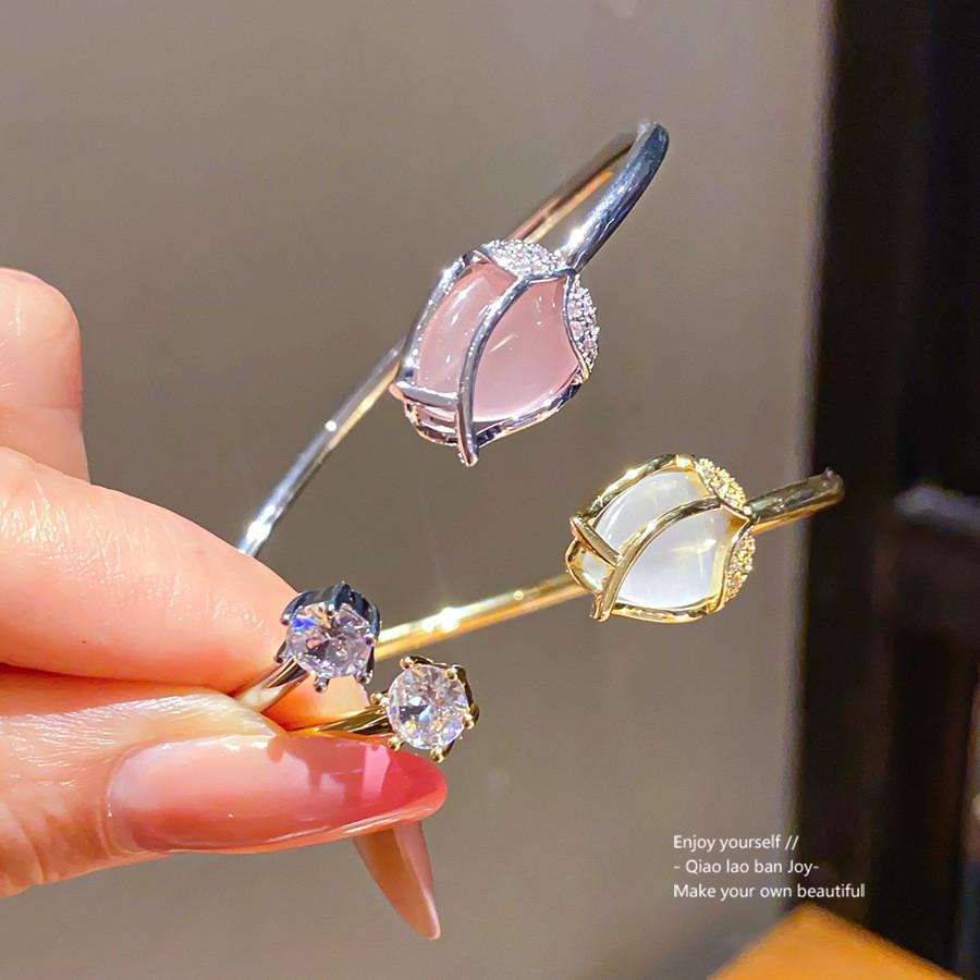 Zircon Cat Eye Flower Open Cuff Bracelet With Stones For Fashion Women