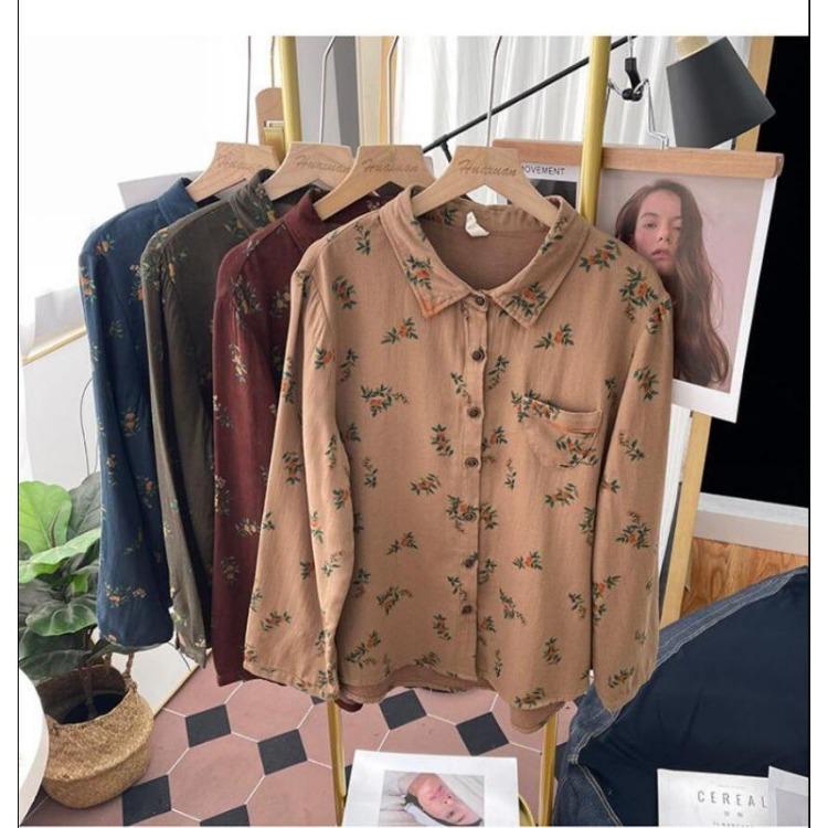 Floral Printed Long Sleeve Top Korean Retro Fashion Women Cotton Linen Autumn Shirt Digital Design Blouse