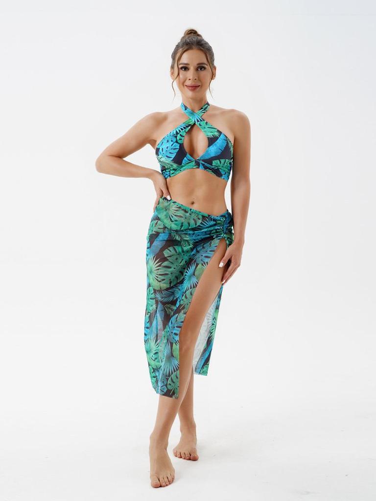 2024 Women's Sexy Slim-Fit Mesh Cover-Up Skirt Bikini Three-Piece European & American Swimwear Set
