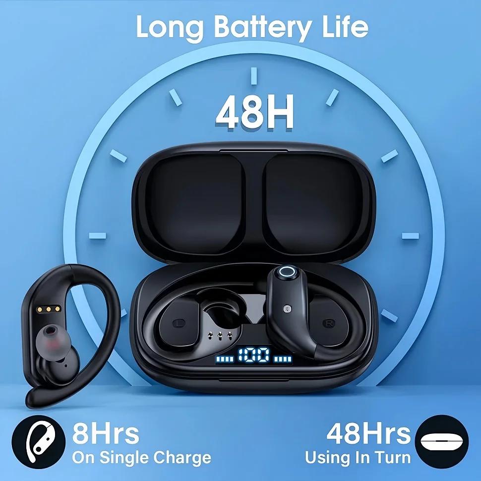 Sports Bluetooth Earphones IPX7 Waterproof Wireless Headphones 48hrs Music with Mic LED Power Display Soft Earhook TWS Earbuds