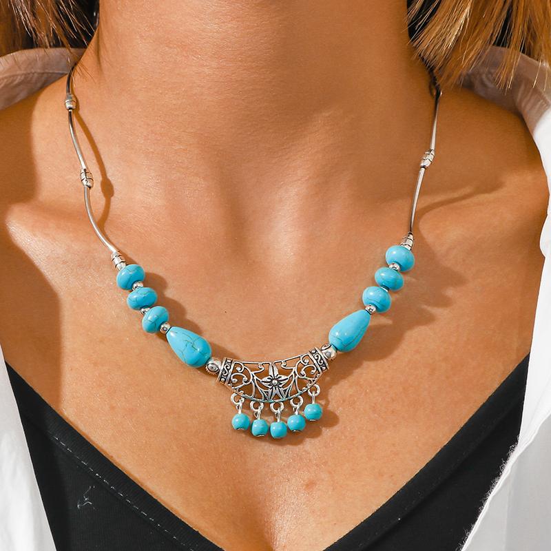 Aihua Böhmen Türkis Stein Halskette für Damen Choker Collier Femme Handgefertigte Ethnische Anhänger Halsketten Statement Schmuck
