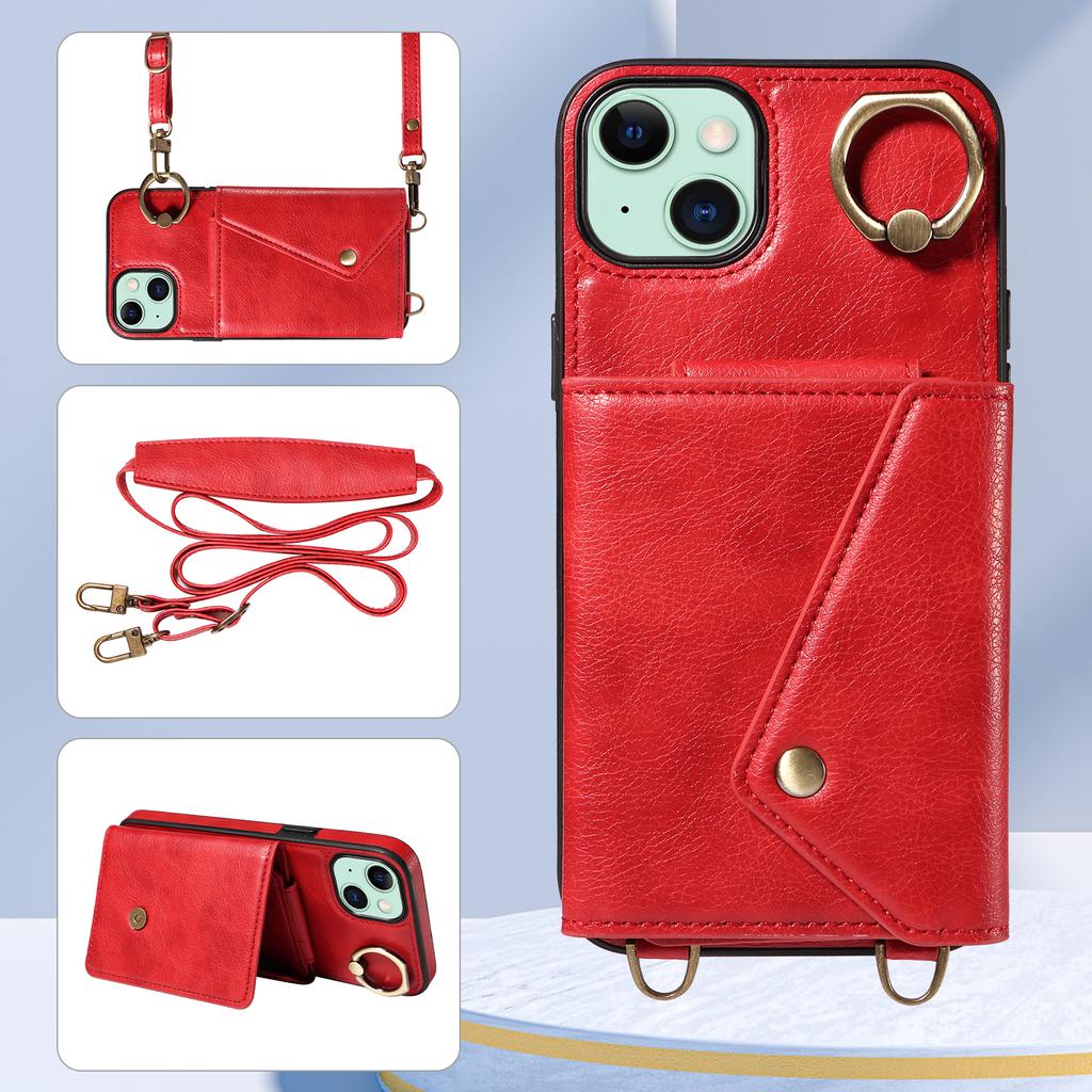 For iPhone 15 Series.for iPhone 15,15 Plus,15 Pro,15 Pro Max Shoulder Strap Rope Ring Bracket Design Card Holder Slots Lichee Pattern Cover Phone Case