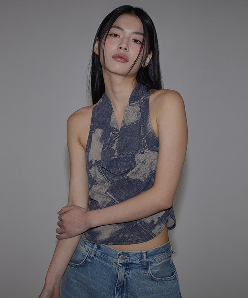 TOPGIRL Denim Printed Cowl Neck Halter Top_T516Tp123
