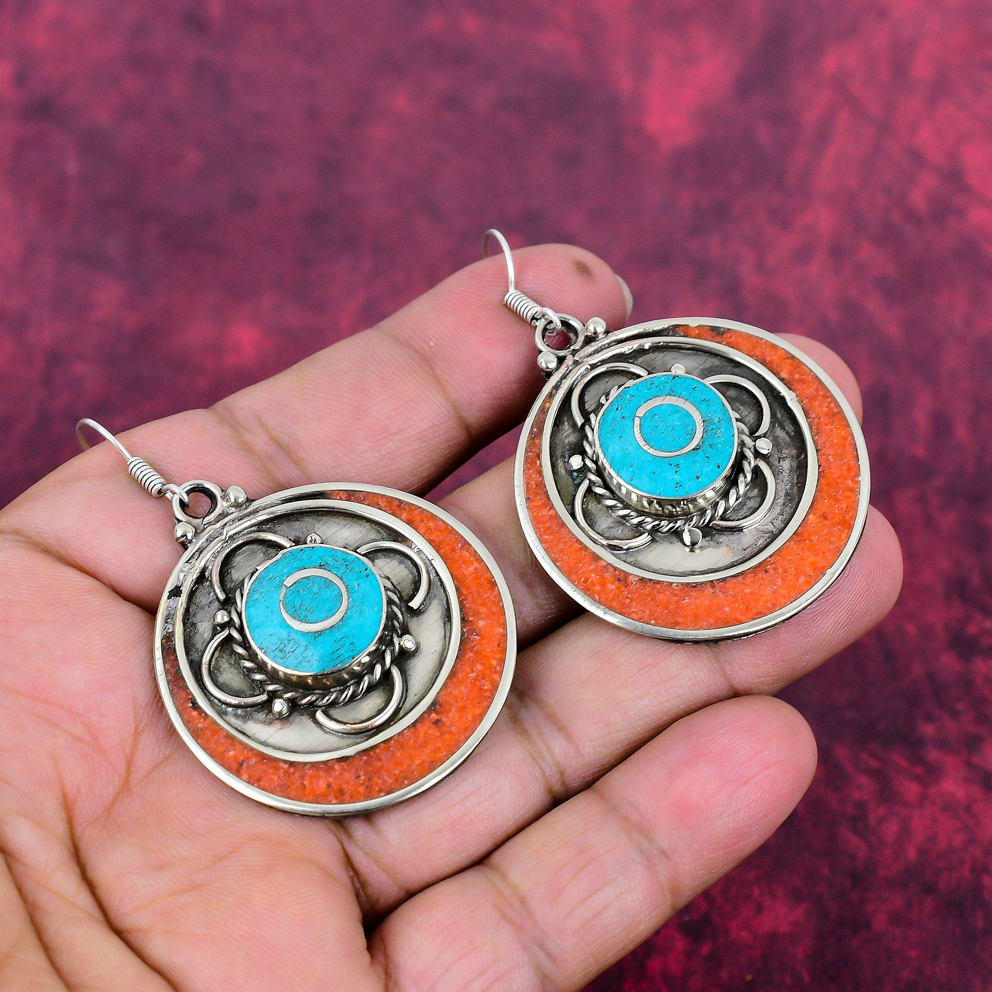 

Бирюзовые и коралловые серьги из стерлингового серебра 925 пробы, серьги с драгоценными камнями ручной работы, ювелирные украшения, подарки для жены, совершенно новые серьги 2.28 Inches