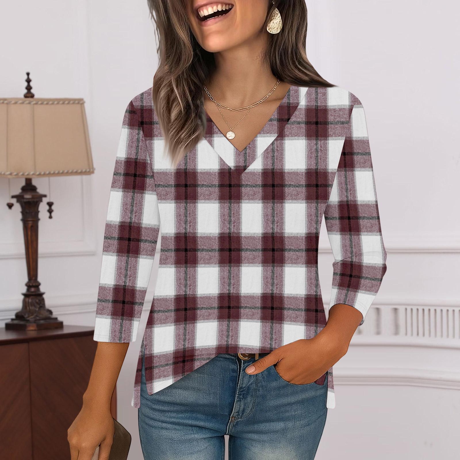 

3/4 Sleeve Shirts For Women Print Graphic Tees Blouses Casual Plus Size Basic Tops Pullover XL винный