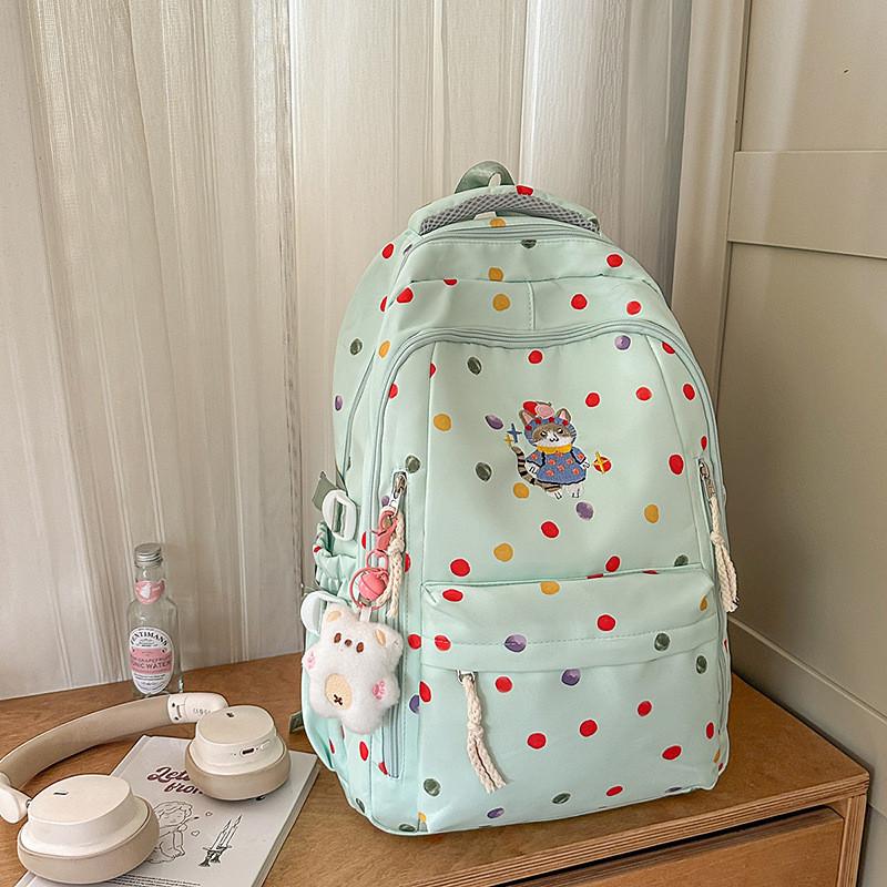 Cute Polka Colorful Dot Cartoon Cat Embroidery Pattern Backpack Students