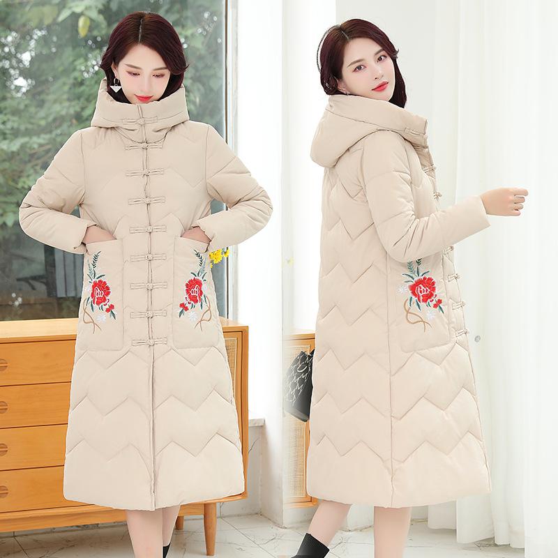 

Нове етнічне вишите бавовняне пальто великого розміру - Зимовий китайський ретро стиль L брудно-білий