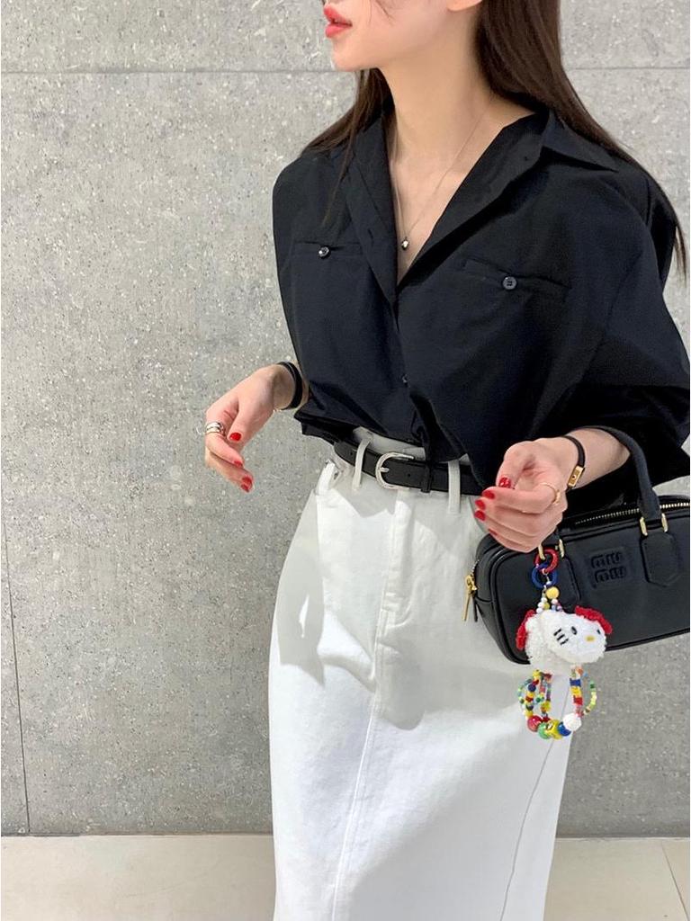 2026 Korean Chic High-Waisted Back Slit Denim Midi Skirt