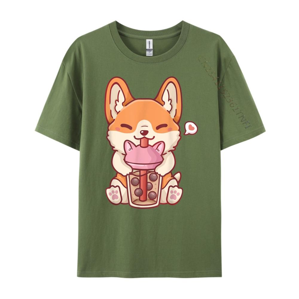 Corgi Boba Tea Bubble Tea Kawaii Corgi Anime Mens Graphic Tshirts TShirts England Style