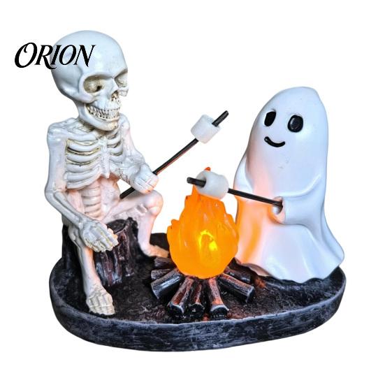 Resin Table Lamp Skeleton And Ghost Bonfire Night Lamp, Halloween Campfire Flickering Gothic Room Decor Cute Spooky Roasting Marshmallow Decoration