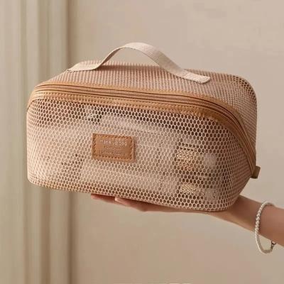 Large Capacity Mesh Handheld Makeup Bag Zipper Multi-layer Transparent Mesh Cosmetic Bag Organizer Case Square
