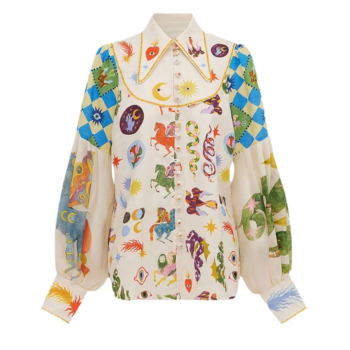 

QICED Модная индивидуальная рубашка-кардиган с принтом граффити и рукавами-фонариками на лацканах XXL белый