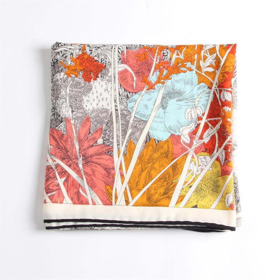 POBING Silk Cashmere Scarf Women Hand Rolled Foreast City Print Square Scarves Wraps Bandana Big Hijabs Female Foulard 135CM