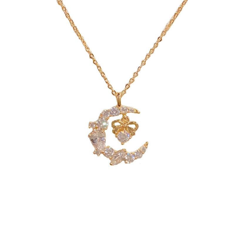 Trending Aesthetic Moon Jewelry Round Zirconia Earring Necklace Set Korean Fashion Jewelry Gold Plated Jewelry