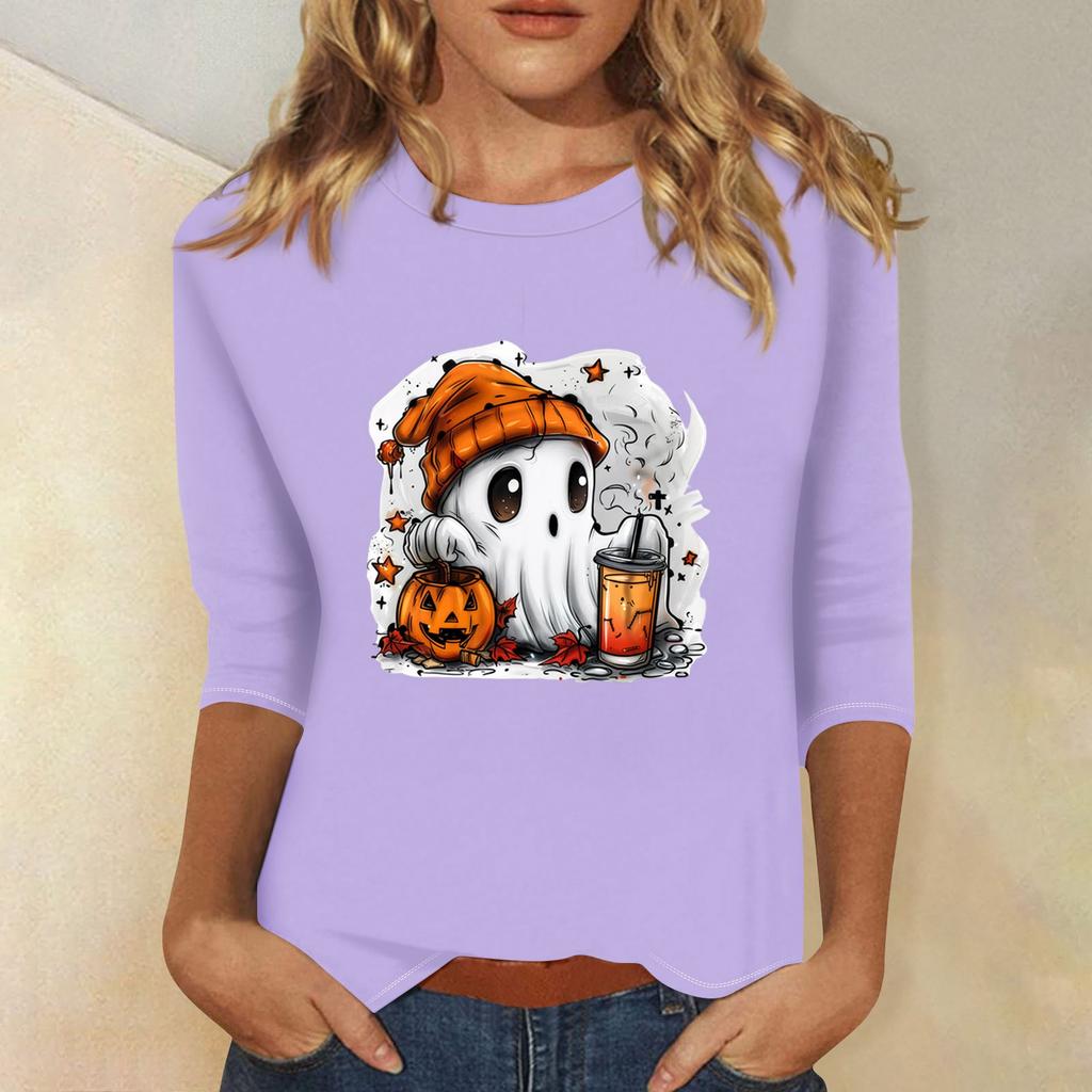 Women's Fashion Casual Three-quarter Sleeve Halloween Printed Round Neck Top