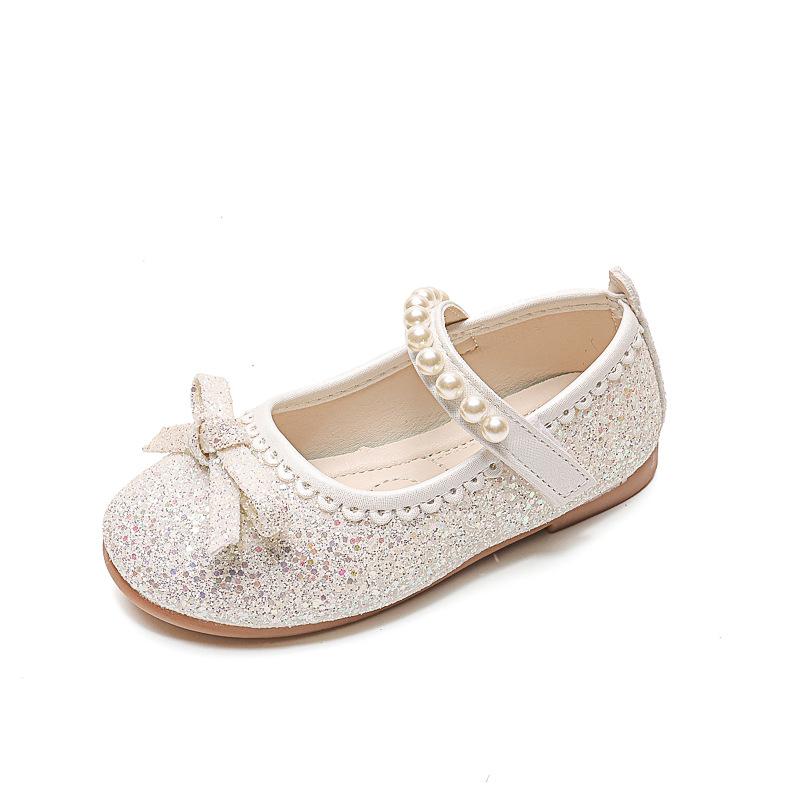 Girls Pearls Princess Shoes 2024 Spring New Children's Fashionable Rhinestones Kids Leather Shoes Crystal Shoes Flats Shiny Chic