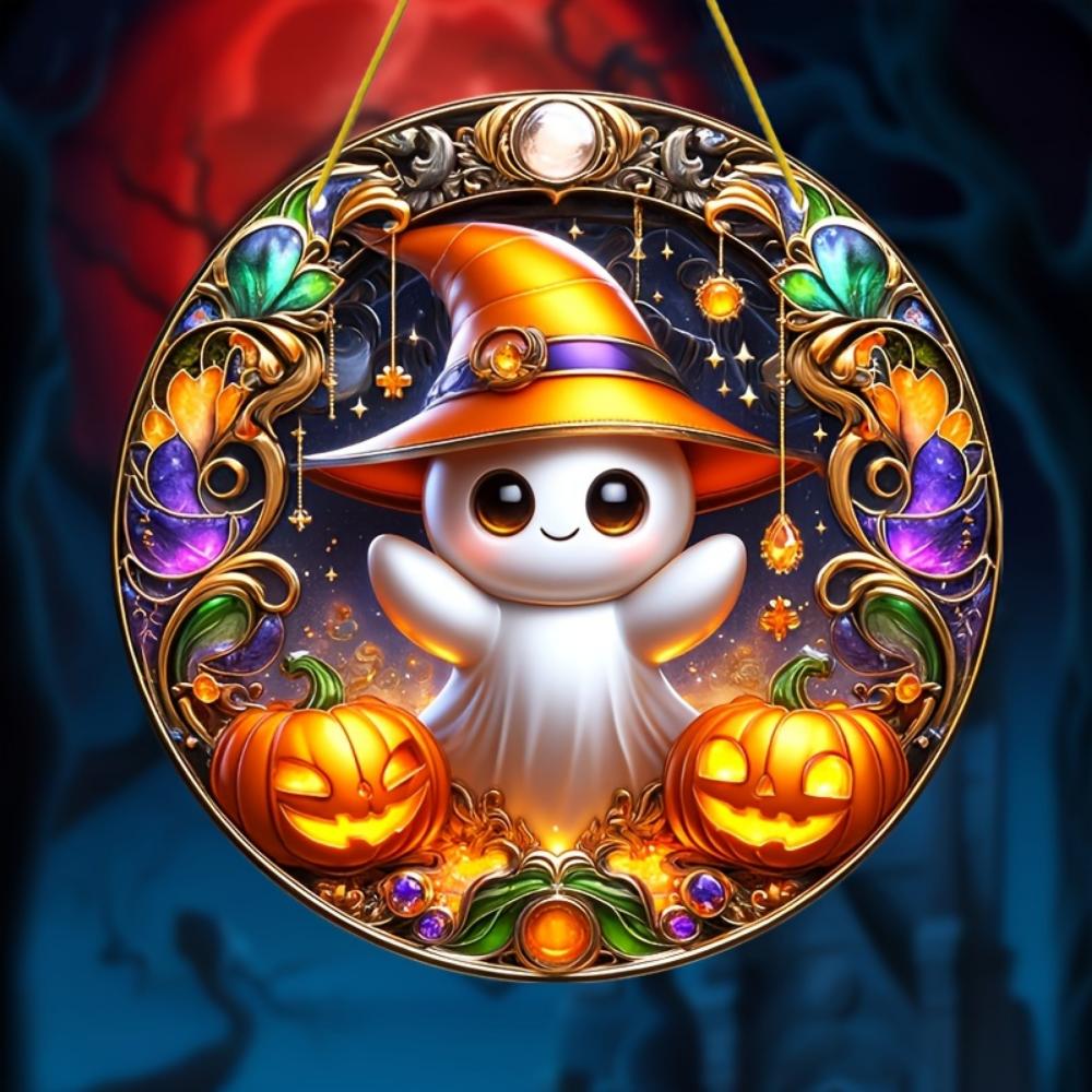 Halloween Acrylic Flat 2D Decoration with Cartoons, Witch Hats and Colorful Flower Pendants - Gifts for Family , for Homes, Gardens and Courtyards