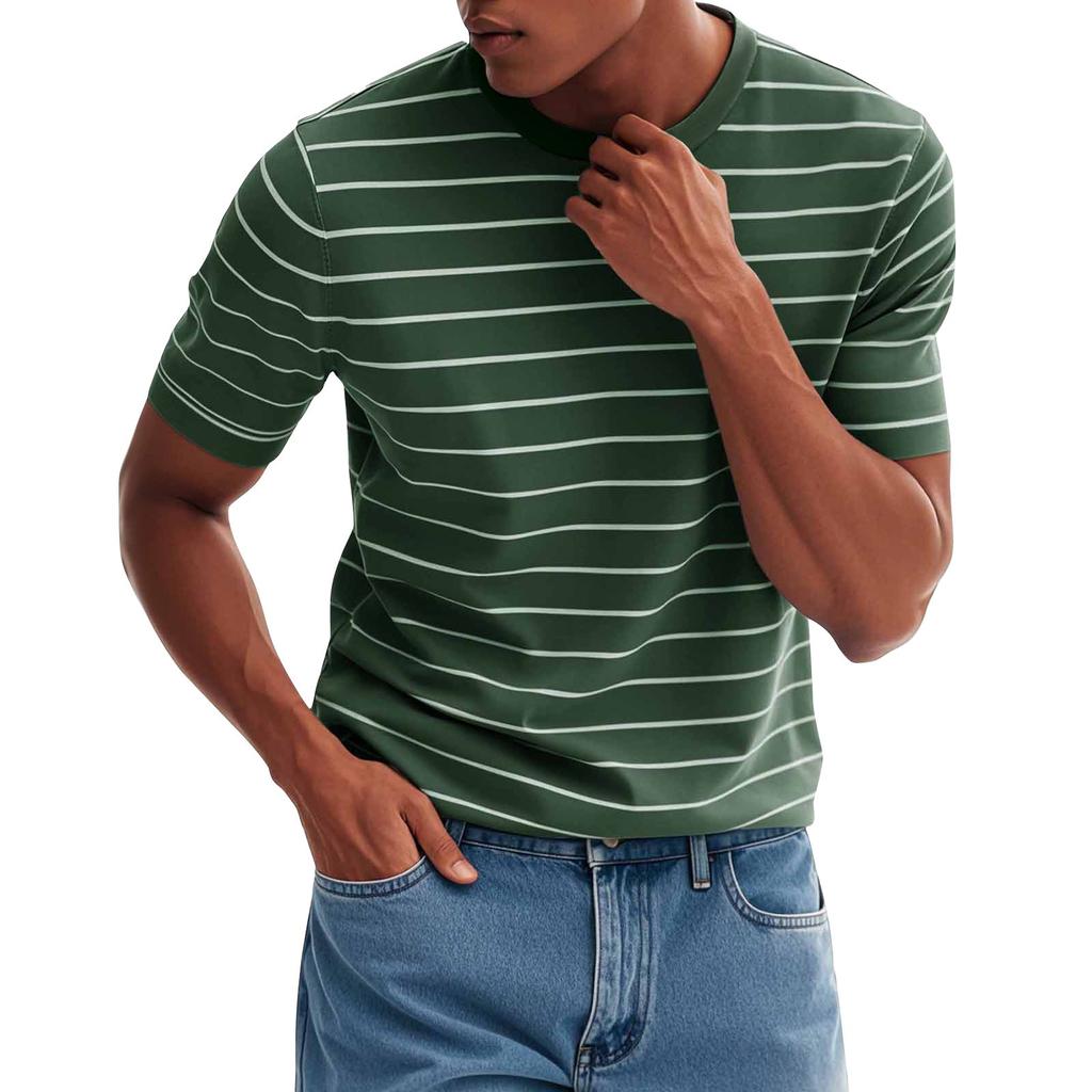 Men's Fashionable Casual Stripe Print Round Neck Short Sleeve T-Shirt Top