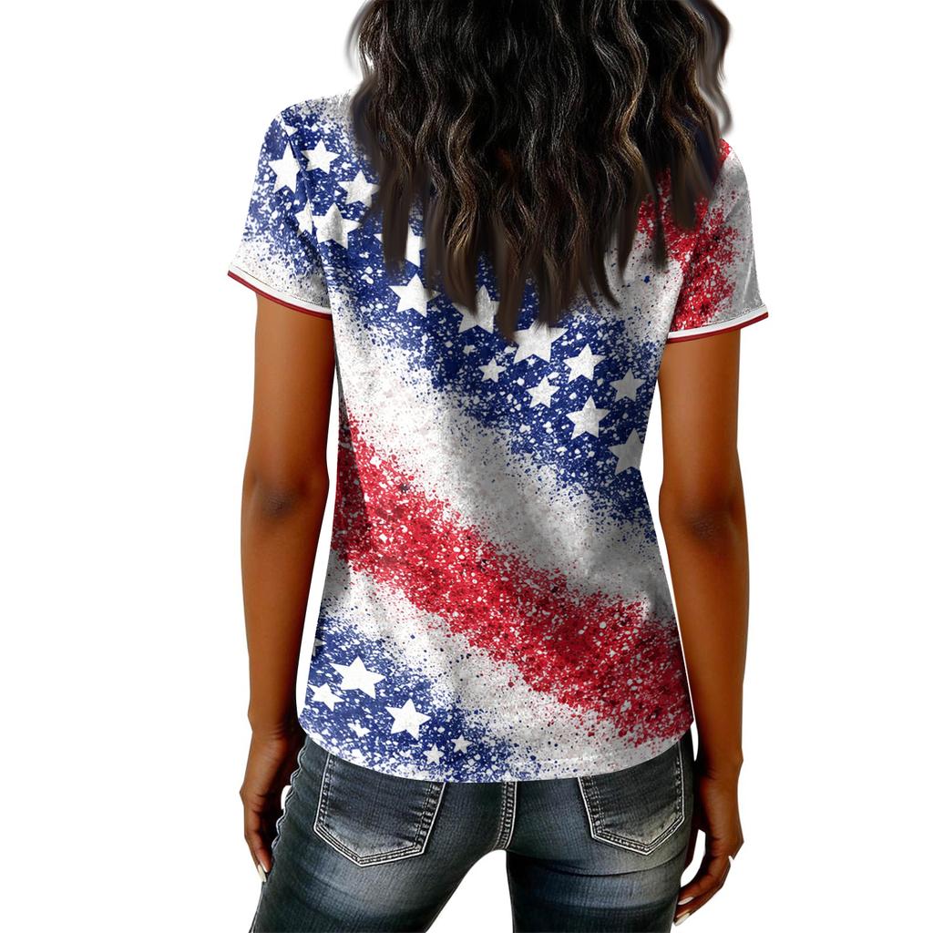Women V Neck Short Sleeve Pullover T Shirt with Printed Star Pattern Casual Loose Fit Top for Everyday Wear