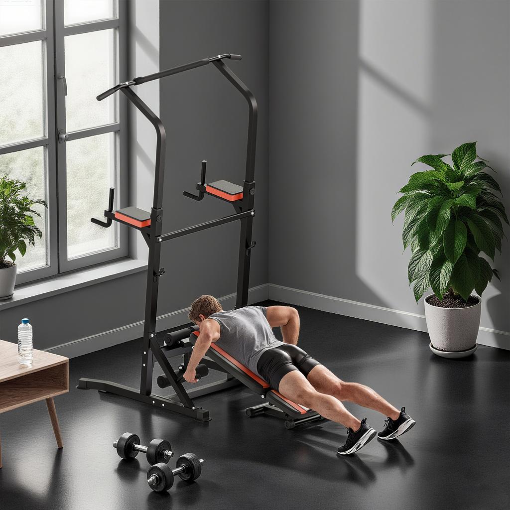 Folding Power Tower, Multifunction Fitness Station Adjustable In 7 Positions with Pull-Up Bar, Dip Station, Pull UP Station and Flat Bench In Steel