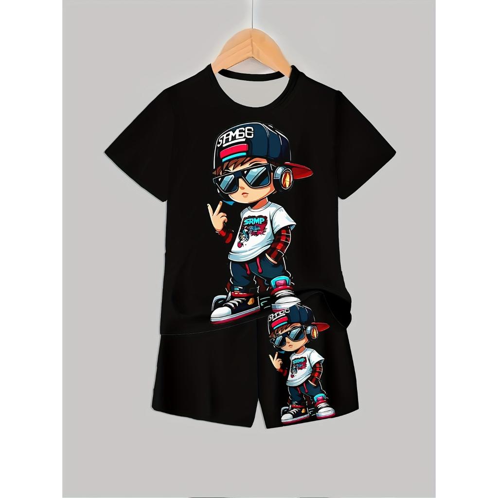 Boys' 3D Print Casual Outfit Set - Fashionable T-Shirt & Shorts Combo, Black with Cartoon Character Design, Lightweight Polyester