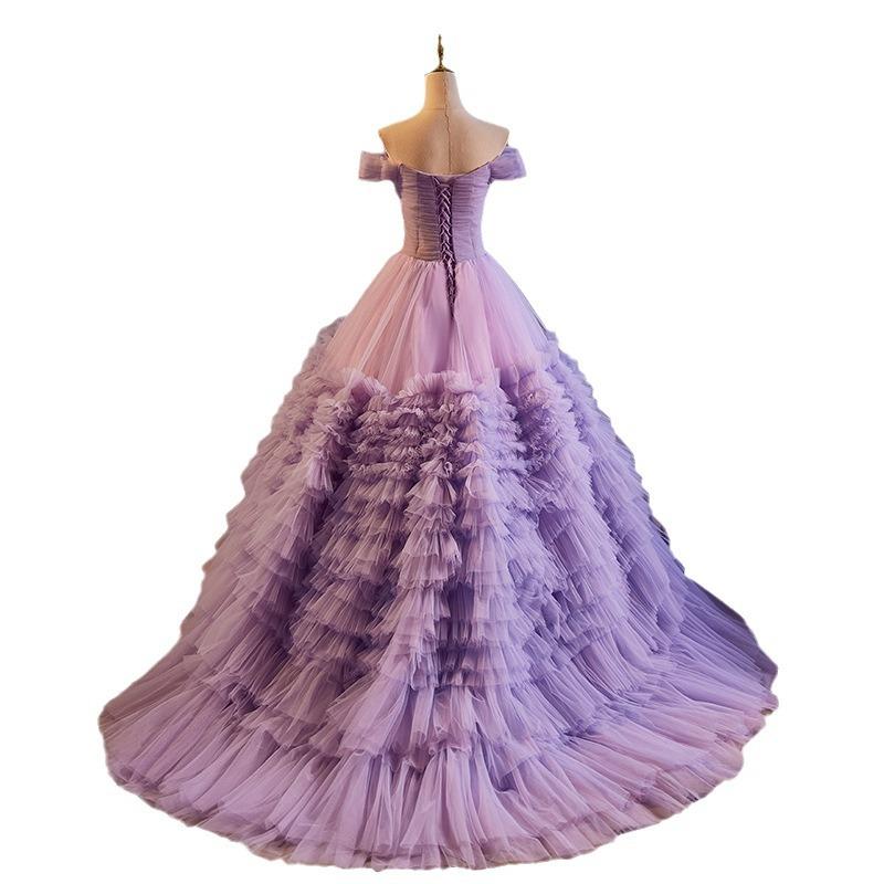 Purple Fairy Evening Dress Dress Female Piano Playing Tutu Skirt One-word Shoulder Noble Princess Travel Shadow Light Wedding Dress