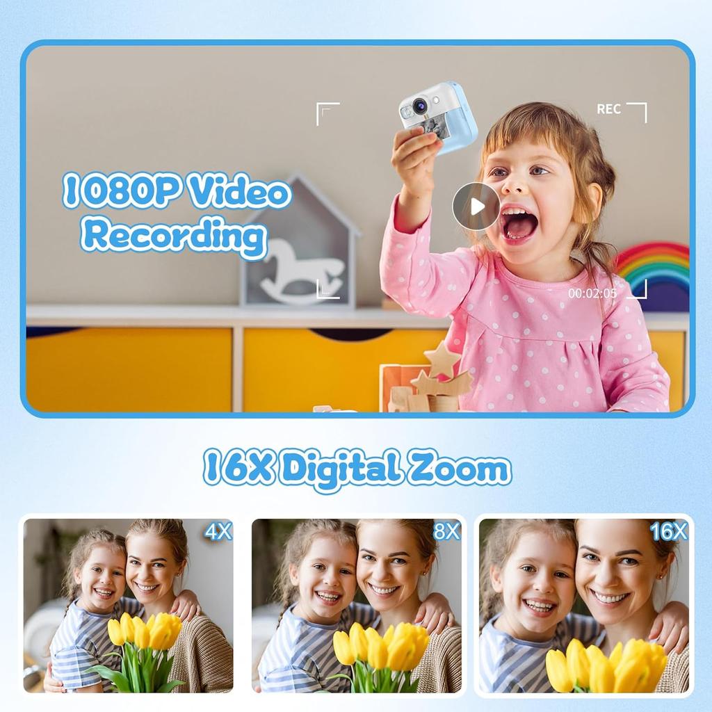 Kids Camera Instant Print, Kids Christmas Birthday Gifts Instant Cameras That Print Photos,1080P Toddler Camera Toys for 3 4 5 6 7 8 Year Old Girls