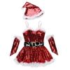 Girls Christmas Santa Dance Costume Adjustable Spaghetti Straps Sequins Leotard Dress Hat Arm Sleeves