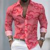 Men's Long-Sleeved Shirt with Heart Print Pattern, Stylish and Handsome, Festive Men's Lapel Top